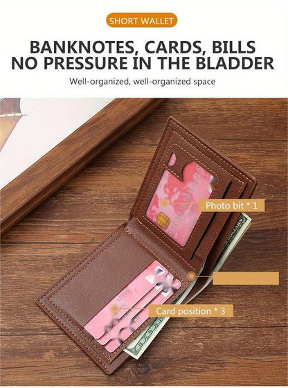 Men's Wallet Short Money Clip, Fashion Multi-card Lychee Pattern Horizontal Splicing PU Leather Clip Christmas Gift