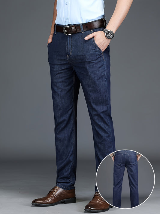 Men's Classic Business Denim Jeans - Cotton Blend, Machine Washable, Solid Color, Regular Fit for All Seasons