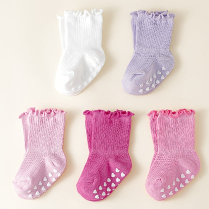 5 Pairs of Sweet And Cute Spring And Autumn Multi-Color Girls' Wood Ear Edge Non-Slip Mid-Tube Socks