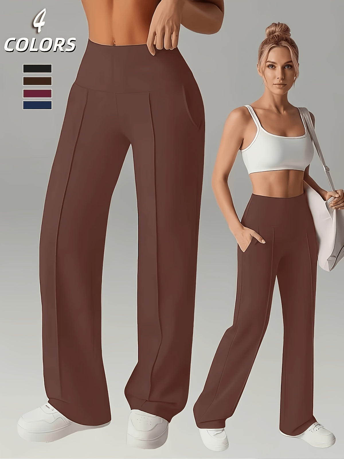 Women's Wide-Leg Straight Pants with Pleats & Hidden Pockets