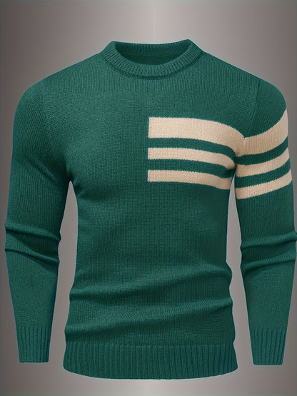 Men's Brown & Striped Sweater - Soft Round Neck Cable-Knit Winter Sweater with White Piping, Machine Washable Casual Pullover for Fall & Winter, Brown/Beige Horizontal Stripes, Ribbed Cuffs & Hem, Stylish Men's Sweater for Ev