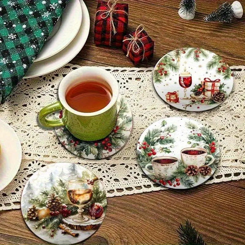 6pcs Holiday Wooden Coaster Set- Christmas and Holiday Themes, Suitable for Kitchen, Living Room, and Patio Tables- Perfect Holiday Gift, Christmas Decoration, Festive Tableware, Holiday Decor, Themed Coasters, Seasonal Desig