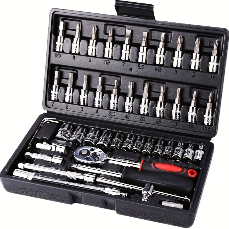 46pcs Heavy-duty Carbon Steel Auto Repair Tool Set | Includes Ratchet Wrenches, Sockets, Shockproof Toolbox, and Additions - Ideal for Projects and Auto Maintenance