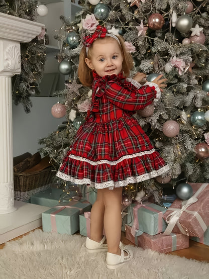 Girls' Plaid Tartan Puffed Sleeve High-Low Neck Ruffled Hem Dress with Ruffled Collar & Lace Trim - Plaid Princess Party Dress with Skirt, Machine Washable Winter Formal & Everyday Outfit for Christmas, New Year's, Easter - S