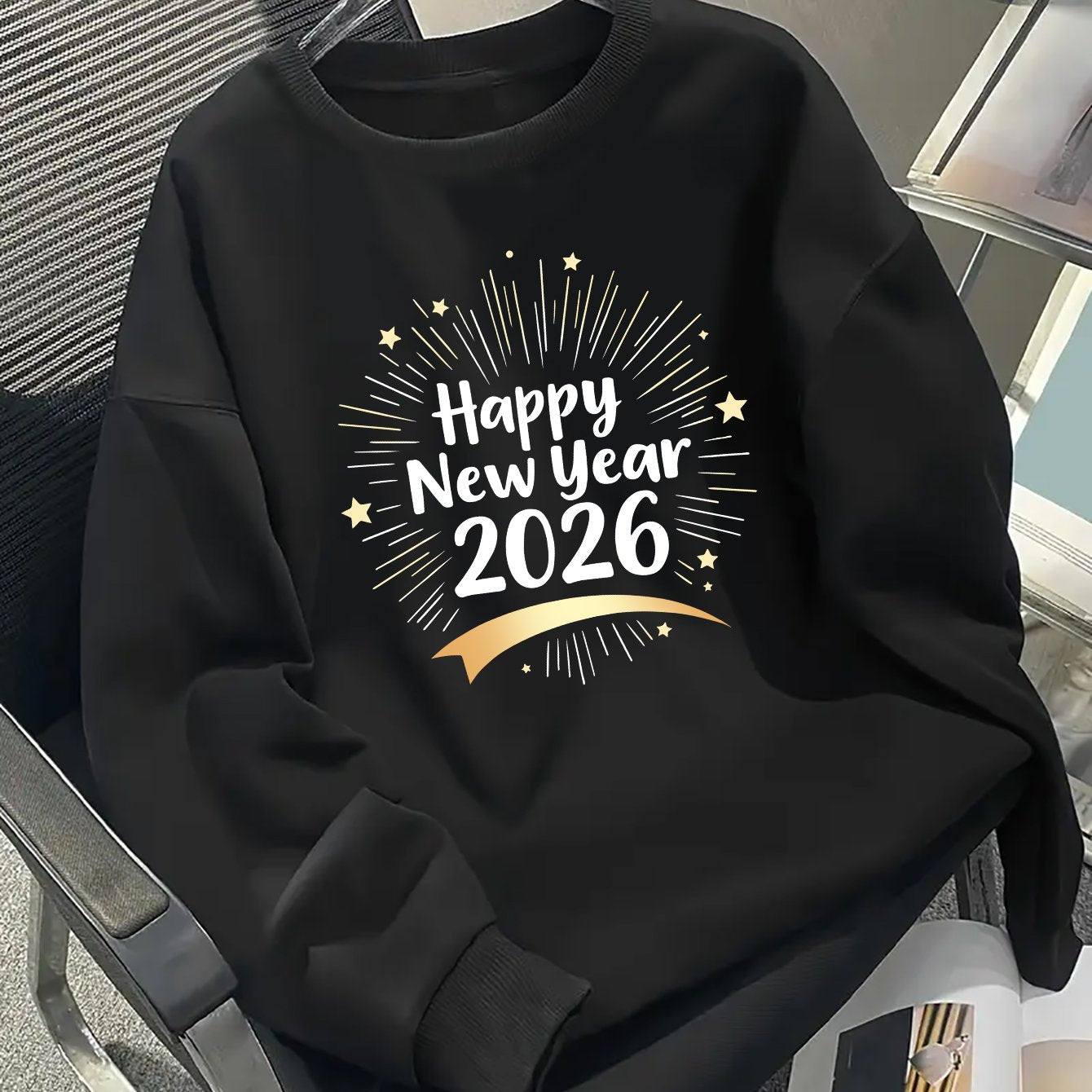 Men's Happy New Year 2026 Print Round Neck Sweater - Casual Long Sleeve Pullover with Chinese/English Lettering, Machine Washable Winter Sweaters for Parties, Daily Wear & New Year Gifts (Happy 2026 Design)