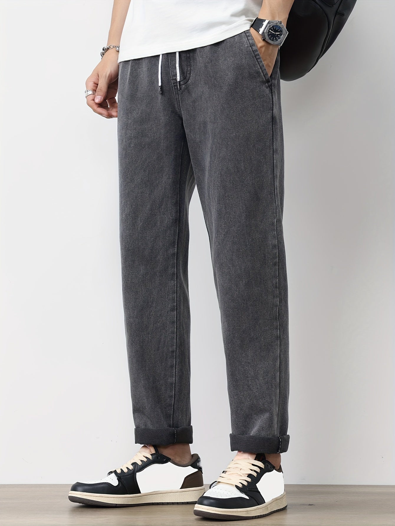 Men's Solid Washed Denim Trousers With Pockets, Causal Drawstring Cotton Blend Barrel Jeans For Outdoor Activities