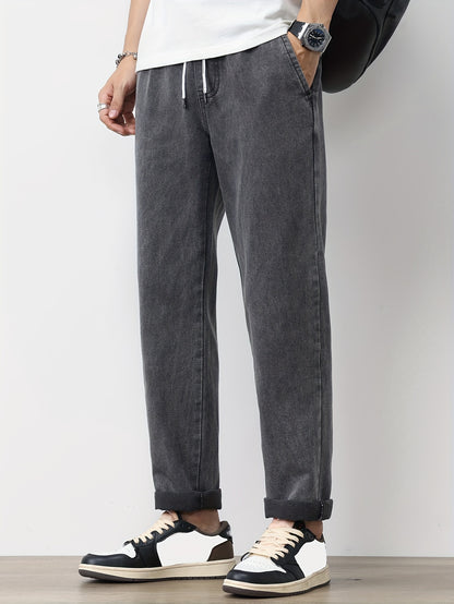 Men's Solid Washed Denim Trousers With Pockets, Causal Drawstring Cotton Blend Barrel Jeans For Outdoor Activities