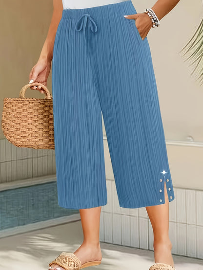 Women’s Wide-Leg Capri Pants with High Waist and Side Buttons