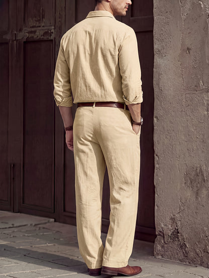 Men's Lightweight Linen Long-Sleeve Shirt & Pants Set for Spring/Fall