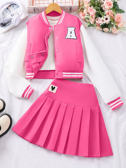 Girls' Preppy Baseball Collar Top and Pleated Skirt Set