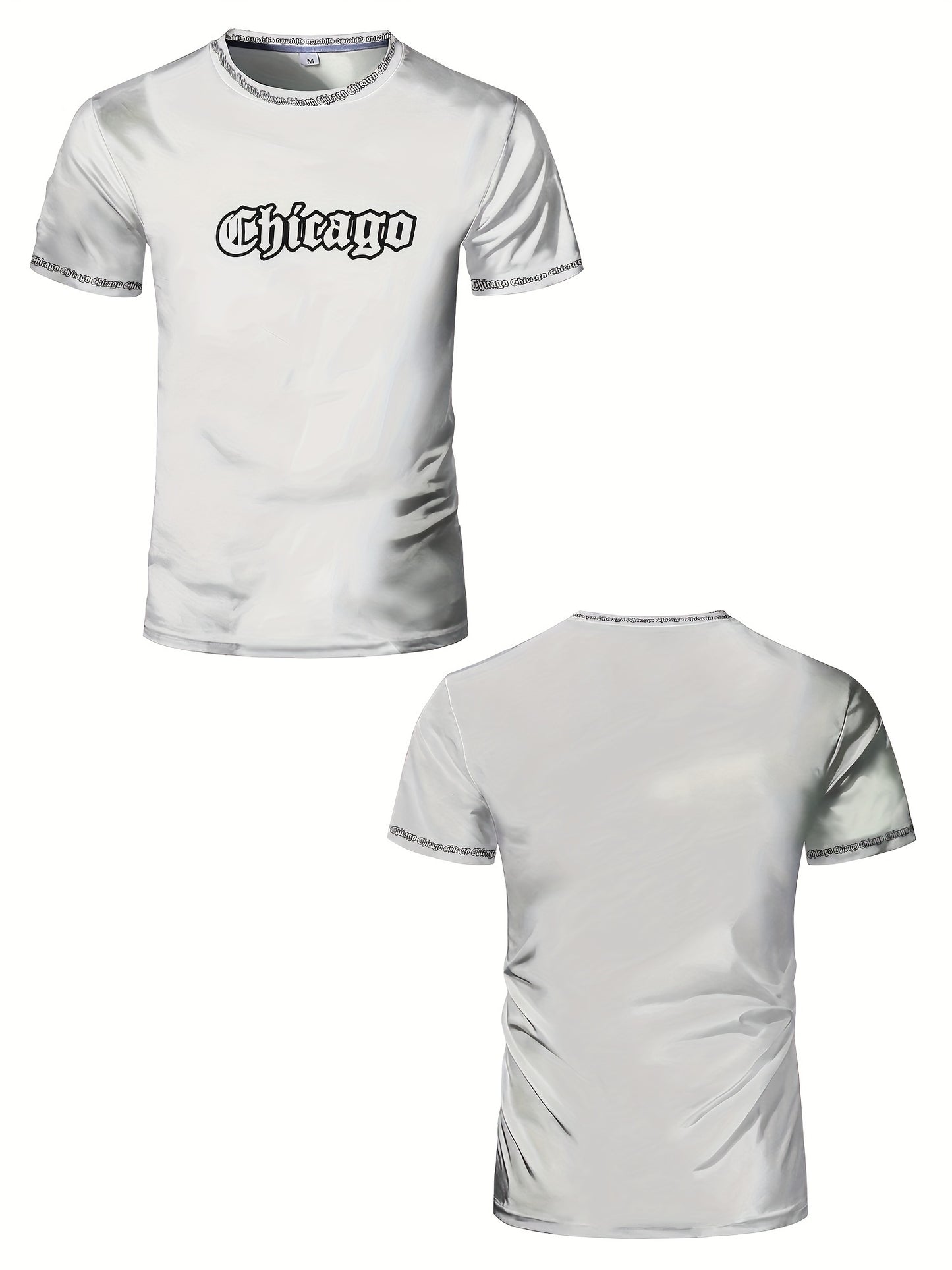 Men'S Chicago Print T-Shirt, Polyester-Spandex Blend, Crew Neck, Short Sleeve, Geometric Pattern, High Stretch, Tear Resistant, Sports  Casual Style, Summer Fit Top for Training, Yoga, Hiking  Festive Occasions