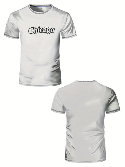 Men'S Chicago Print T-Shirt, Polyester-Spandex Blend, Crew Neck, Short Sleeve, Geometric Pattern, High Stretch, Tear Resistant, Sports  Casual Style, Summer Fit Top for Training, Yoga, Hiking  Festive Occasions