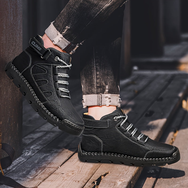 Handmade Men's Ankle Boots - Casual High-Top Rubber Sole Shoes