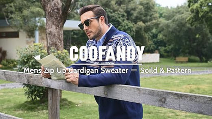 Men's Full Zip Mock Neck Cardigan Sweater with Pattern