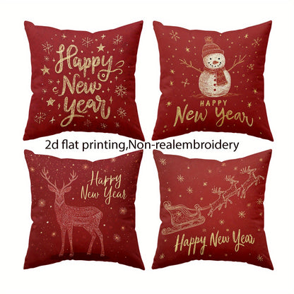 4pcs Festive New Year Throw Pillow Covers, 45.72x45.72 cm, Soft Polyester with Zipper Closure, Machine Washable, Contemporary Printed Designs - Ideal for Holiday Home Decor and Seasonal Gifts, Decorative Pillows | Cheerful Ho