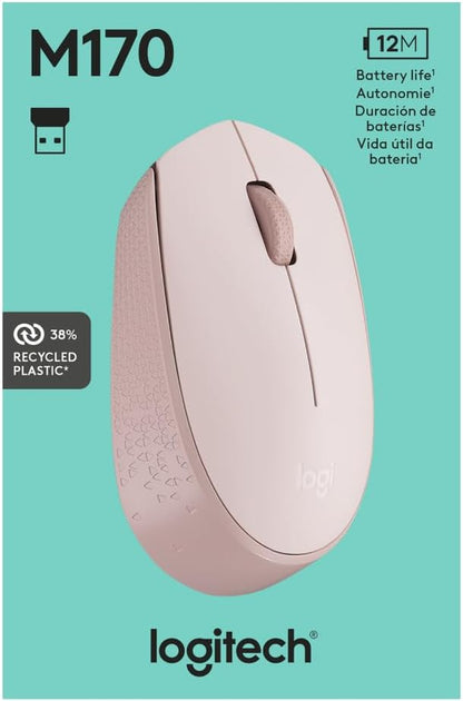Logitech M170 Wireless Mouse for PC, Mac, Laptop, 2.4 Ghz with USB Mini Receiver, Optical Tracking, 12-Months Battery Life, Ambidextrous - Rose