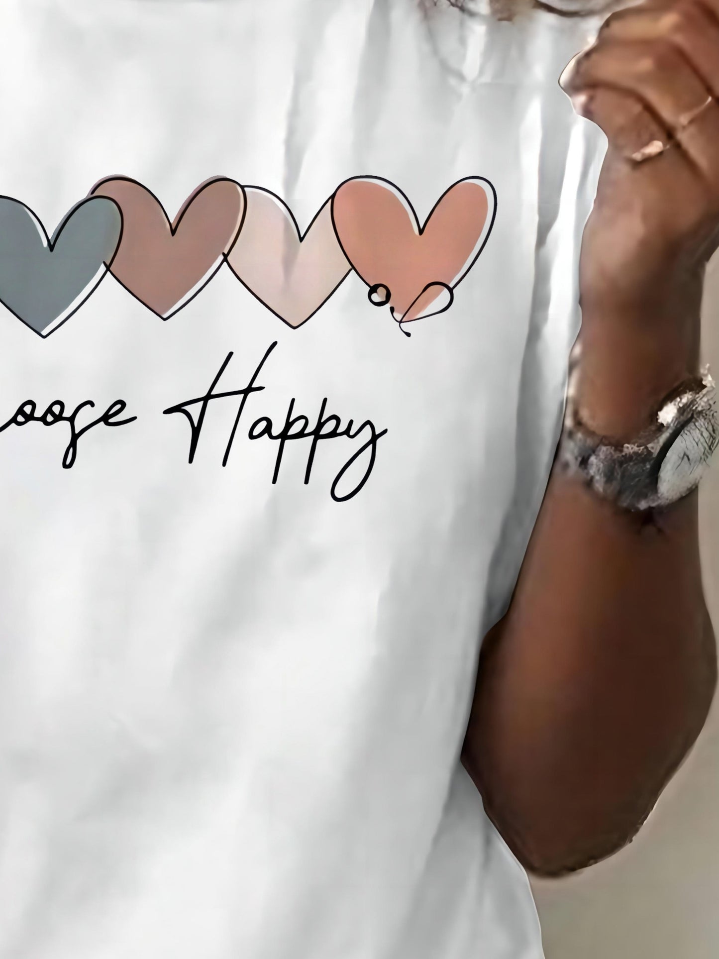 Women's Casual Sport T-Shirt, Round Neck, Heart And Happy Print, Short Sleeve, Soft Knit