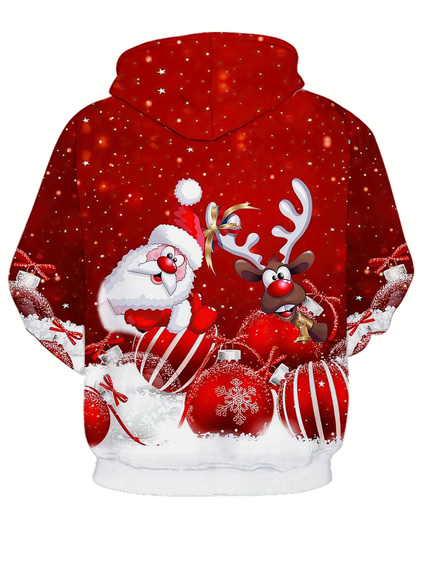 Men's 3D Santa & Rudolph Christmas Hooded Sweatshirt - Red/Green Festive Pullover Hoodie with Reindeer Antlers, Soft Polyester Knit Sweater for Holiday Parties, Winter Outfits & Casual Wear (Machine Washable), PLUS SIZE