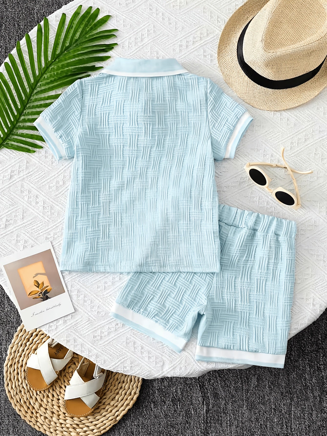 Boys' Summer Casual Half-Button T-Shirt and Shorts Set