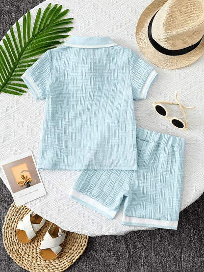 Boys' Summer Casual Half-Button T-Shirt and Shorts Set