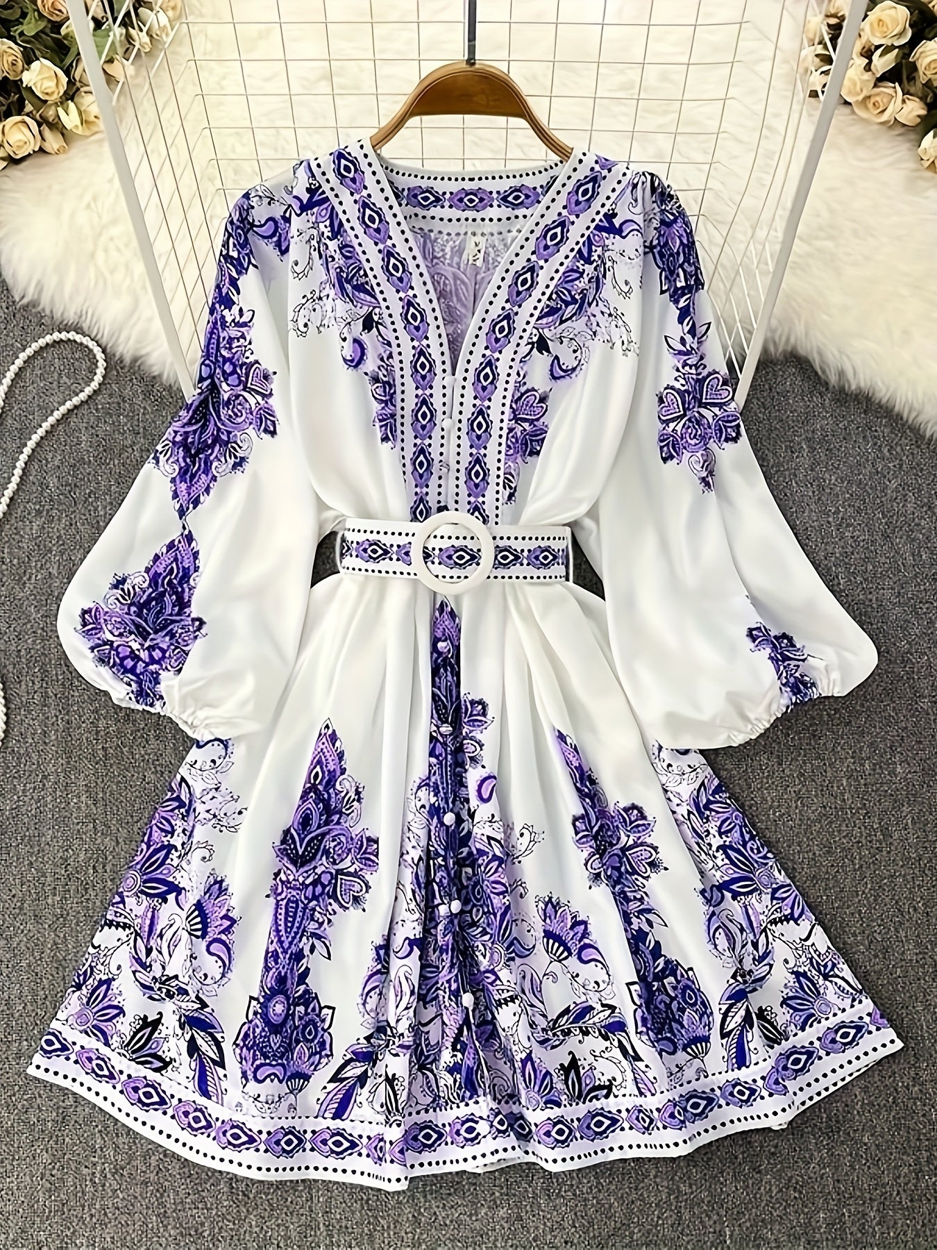 Holiday Cheer] Women's Bohemian Floral Print Half-Sleeve Midi Dress with Belt - V-Neck, Lightweight Polyester, Perfect for Summer Vacations, Casual Summer Wear|Print Casual Dress|Lightweight Dress, Holiday Dress