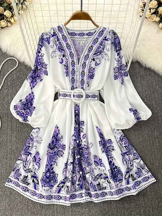 Holiday Cheer] Women's Bohemian Floral Print Half-Sleeve Midi Dress with Belt - V-Neck, Lightweight Polyester, Perfect for Summer Vacations, Casual Summer Wear|Print Casual Dress|Lightweight Dress, Holiday Dress