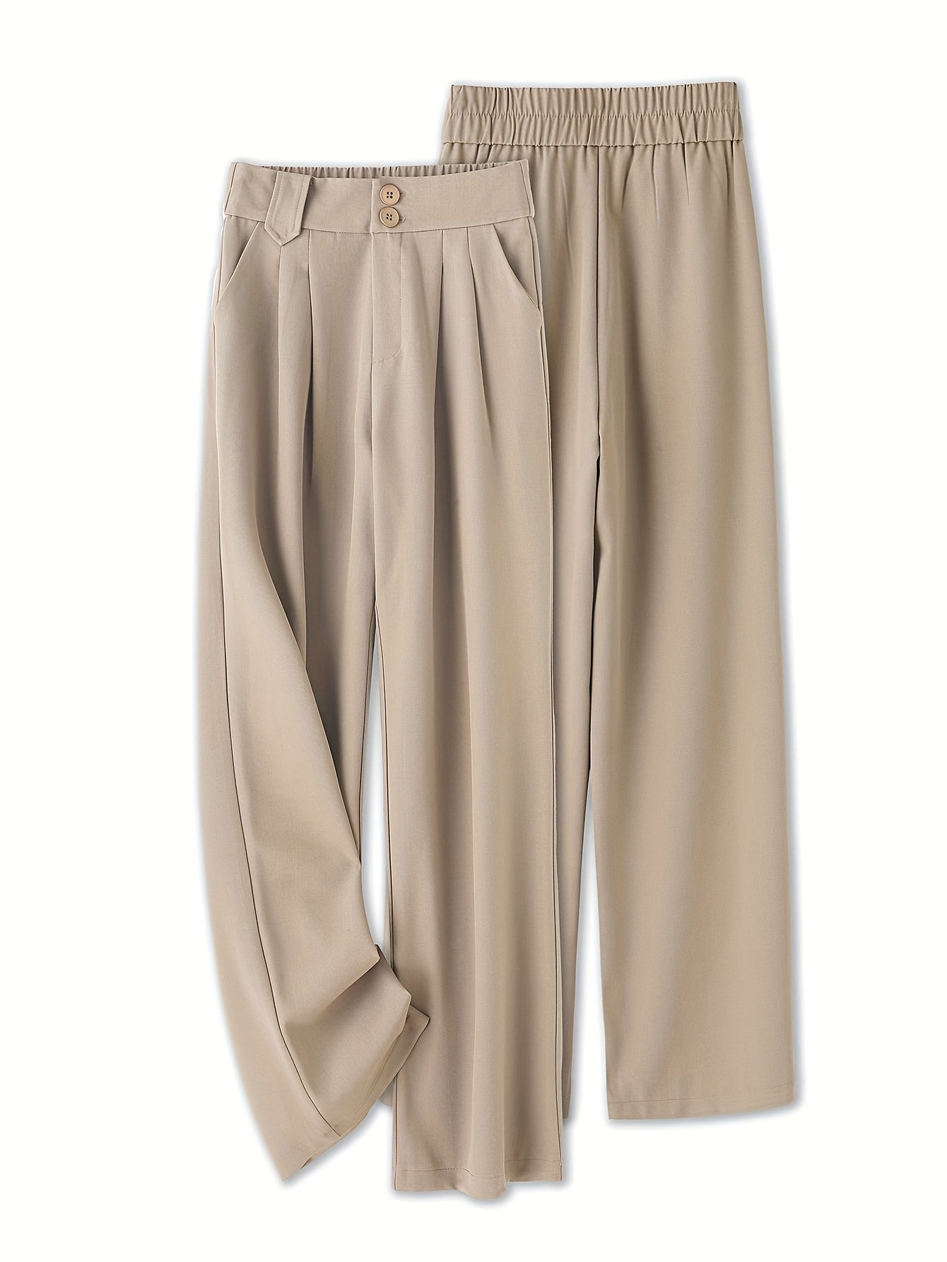 1pc Women'S High-Waist Casual Wide-Leg Trousers, Solid Color, Regular Fit Long Pants, Polyester Twill Fabric, with Button Closure for Work and Leisure - Seasonal Fashion