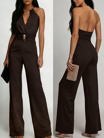 Women’s Chic Deep V-Neck Pleated Jumpsuit with Jewel Detail