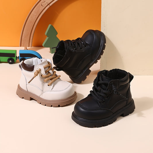 Vintage Lace Up Boots With Side Zipper For Baby Girls Boys, Non-slip Wear-resistant Walking Shoes For Spring And Autumn
