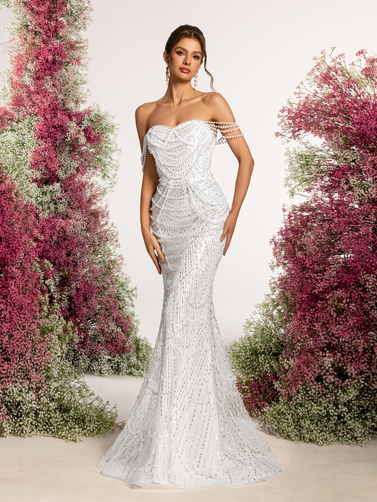 Women's White Beaded Strapless Mermaid Dress with Train