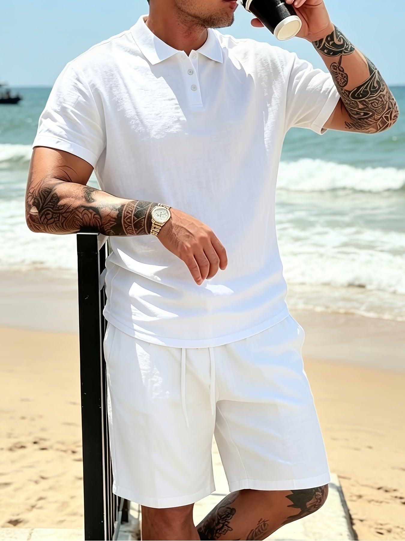 Men's Breathable Linen Polo Shirt & Shorts Summer Set