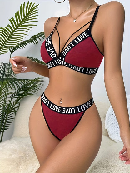 Letter Tape Cut Out Bra &amp; Panty, Strappy Bra &amp; Panties ներքնազգեստի հավաքածու, Կանացի ներքնազգեստ և ներքնազգեստ