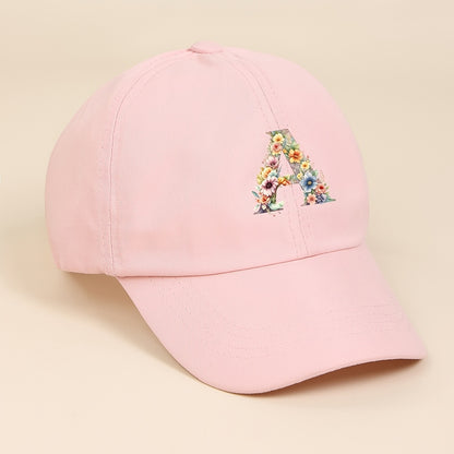 Adjustable Pink Baseball Cap for Kids with Floral Alphabet Design
