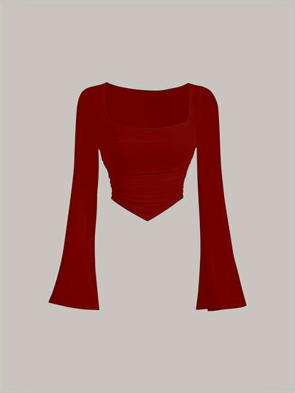 Women'S Elegant Square Neck Solid Color T-Shirt, Polyester Knit Fabric, Short Length, Stretchy Slim Fit, Spring/Fall Fashion Top