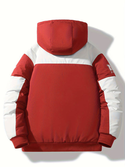 Men'S Casual Motorcycle Jacket, Warm Pilot Fashion Top 6023, 100% Polyester Hooded Collar with Alphabet Pattern, Long Sleeve Regular Fit, Non-Stretch Woven Fabric, Zipper Placket, with Pockets - 280gsm