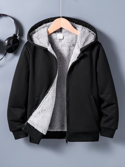 Boys' Cozy & Stylish Black Hooded Jacket - Soft, Casual Zip-Up Cardigan with Pockets, Polyester Blend, Perfect for Fall/Winter Comfort, Outdoor Youngsters Apparel|Hooded Cardigan|Machine Washable Fabric, Boy Jacket