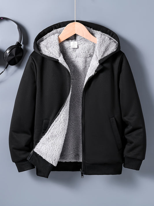 Boys' Cozy & Stylish Black Hooded Jacket - Soft, Casual Zip-Up Cardigan with Pockets, Polyester Blend, Perfect for Fall/Winter Comfort, Outdoor Youngsters Apparel|Hooded Cardigan|Machine Washable Fabric, Boy Jacket