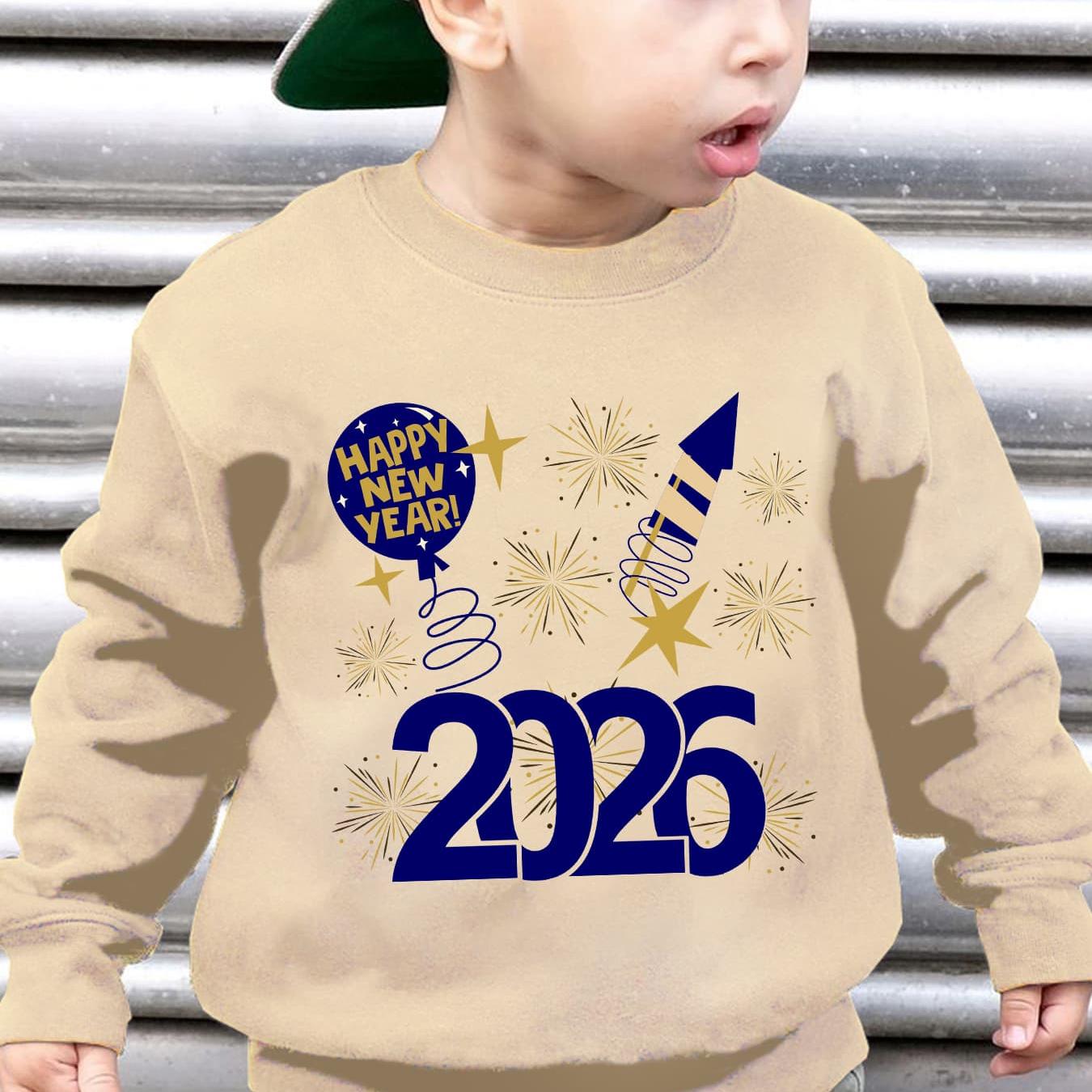 Boys' 2026 New Year Rocket & Fireworks Print Sweatshirt - Winter Warm Long Sleeve Sweater with 2026 Number Design, Casual Round Neck Pullover for Christmas & Parties ( to)