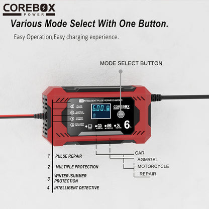 COREBOX EU Plug 12V 6A Smart Battery Trickle Charger 12V Battery Maintainer Battery Charger with LCD Display for Car Truck Motorcycle Lawn Mower Marine Lead Acid Charge, Without Battery