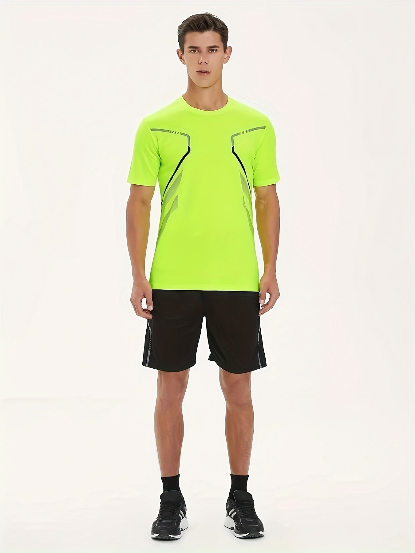 2pcs Men's Summer Sportswear Set - Comfortable Polyester Crew Neck T-Shirt & Black Drawstring Shorts with Side Stripe, Casual Style, Easy Care, Athletic Shorts