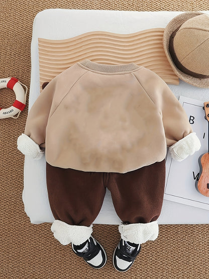 Baby Boys' Winter Warmth Fleece-Lined Sweatshirt & Pants Set - Soft & Brown Round Neck Outfit with Cuffs, Machine Washable Toddler Clothes for Autumn/Winter, Cozy Casual Playwear for Cold Weather, for Outdoor, Thick