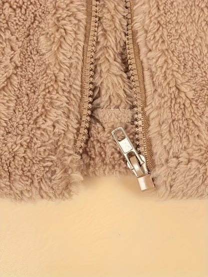 Women'S Cozy Fleece Jacket with Hood - Casual High Neck Zippered Long Sleeve Polyester Knit Fabric Sweater for Fall/Winter
