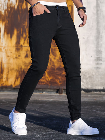 Men's Cotton Blend Casual Skinny Jeans, Chic Street Style Medium Stretch Denim Pants