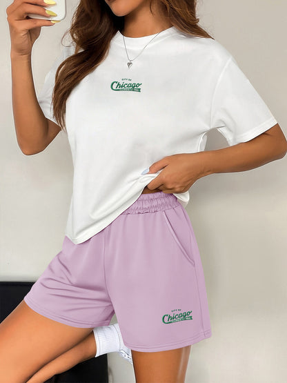 Summer Women’s Two-Piece Set with Cartoon Print & Crew Neck