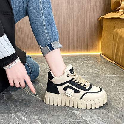 1 Pair Women'S Fashion Mid-Top Casual Sneakers, PU Upper, Fabric Lining, Rubber Sole, and EVA Insole, Lace-Up Design, with All-Season Versatile Athletic Shoes
