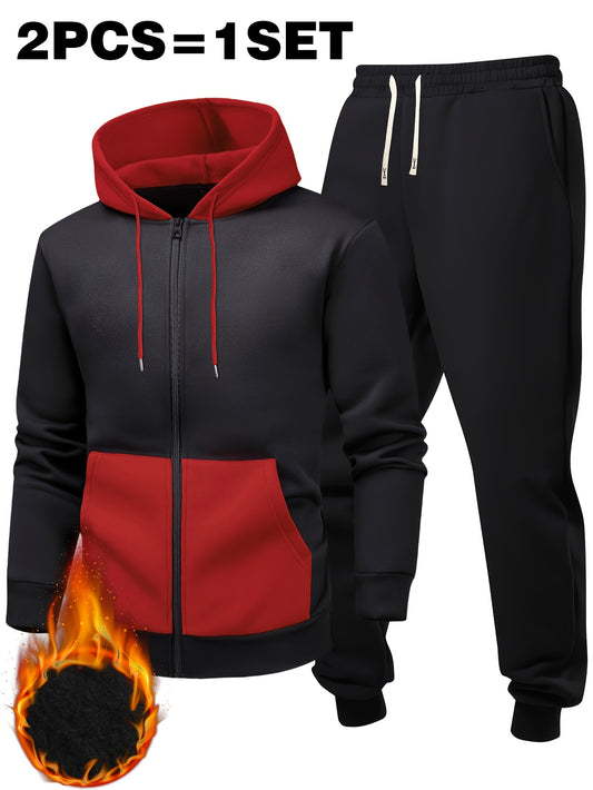95% Polyester, 5% Spandex 2pcs Men's Set, -Lined Warm Casual Color-Block Zip-Up Sweatshirt with Pockets + Drawstring Pocket Elastic Waist Jogger Pants, 250g Men's Casual Sportswear Set, Global Four-Season Base Layer, Factory-