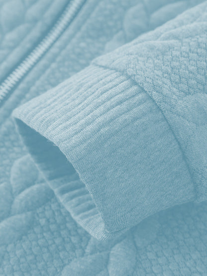 Men'S Light Blue Quilted Zip-Up Jacket - Casual Fall/Winter Outerwear with Stand Collar, Long Sleeves, and Front Pockets, Perfect for Casual Attire, Autumn Winter Apparel | Quilted Texture Jacket | Zippered Jacket