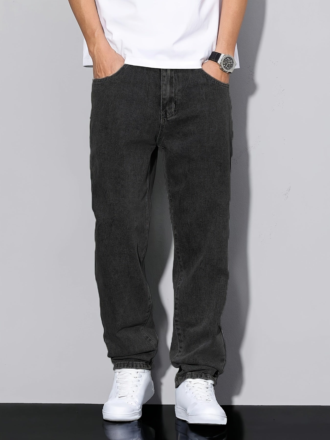Men's Classic Straight Leg Denim Jeans - Loose Fit, Cotton Blend, Solid Color Black, Street Style, Comfortable & Versatile for All Seasons, Casual Streetwear|Street Style Pants|Nonstretch Fabric