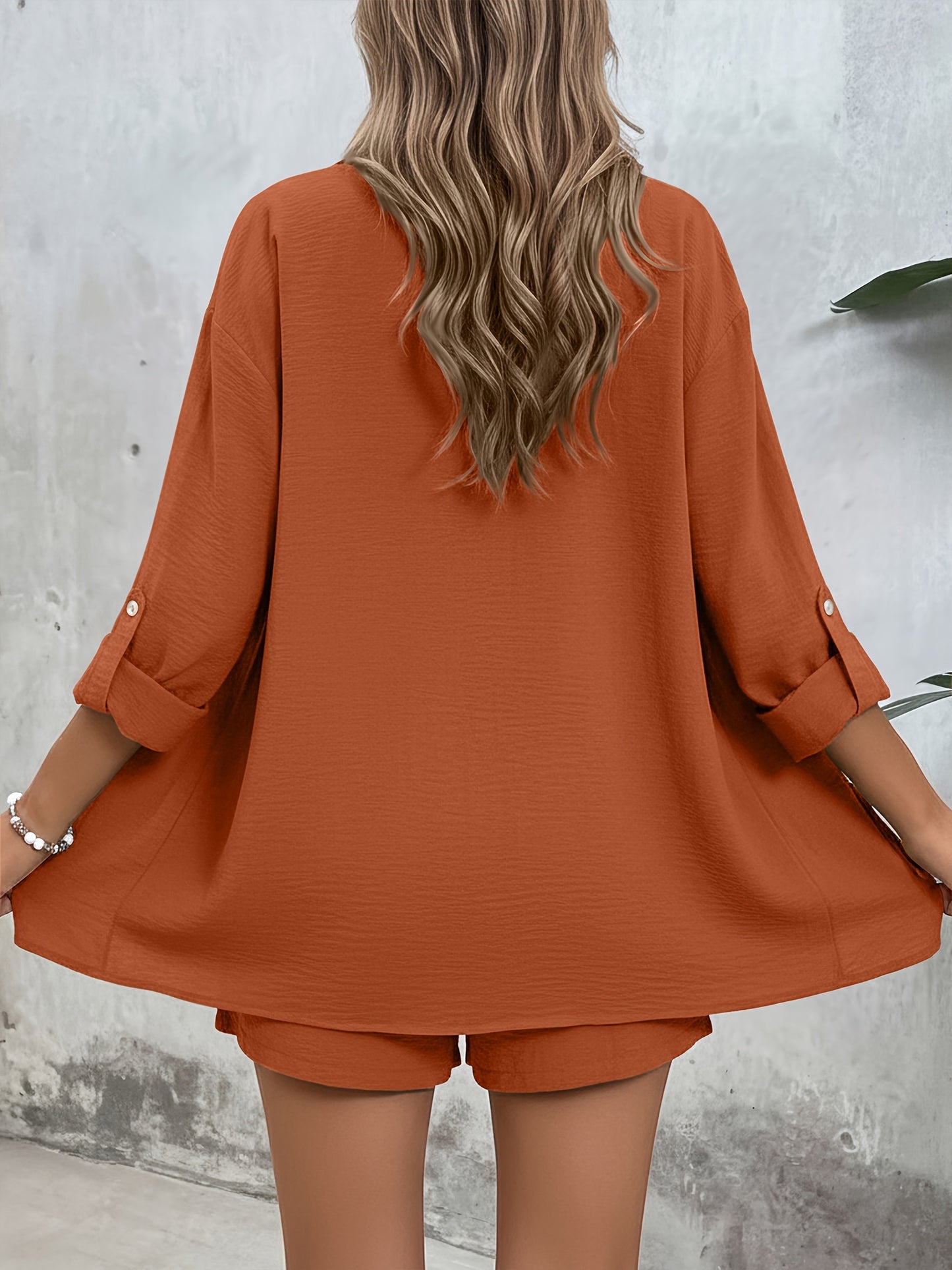 Women's Casual Long-Sleeve Shirt & High-Waist Shorts Set for Spring/Su