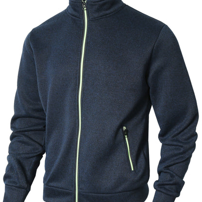 Men's Sporty Full-Zip Stand Collar Sweatshirt - Long Sleeve Casual Pullover with Neon Green Accents, Solid Color Non-Stretch Fabric, Regular Fit for Fall Winter